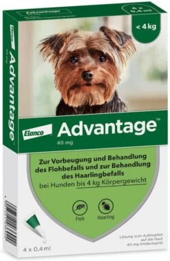 Advantage 2 X 4 Pipetten &#xC2, &#xAE, 40 Voor Honden Van Minder Dan 4 Kg Dubbelpak -Dierenwinkel advantage en xc2 40 voor honden van minder dan 4 kg 4 pipetten 107674