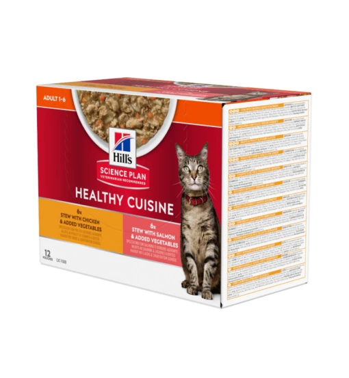 Hill's Science Plan Healthy Cuisine Volwassen Kat Stoofpotje Kip & Zalm - 4 X 12 X 80 Gram -Dierenwinkel hill s science plan healthy cuisine volwassen kat stoofpotje kip zalm 4 x 12 x 80 gram