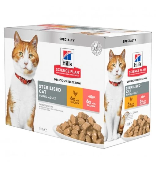 Hill's SP Young Adult Sterilised Cat Multipack Kip / Zalm - 4 X 12 X 85 Gram -Dierenwinkel hill s sp young adult sterilised cat multipack kip zalm 4 x 12 x 85 gram